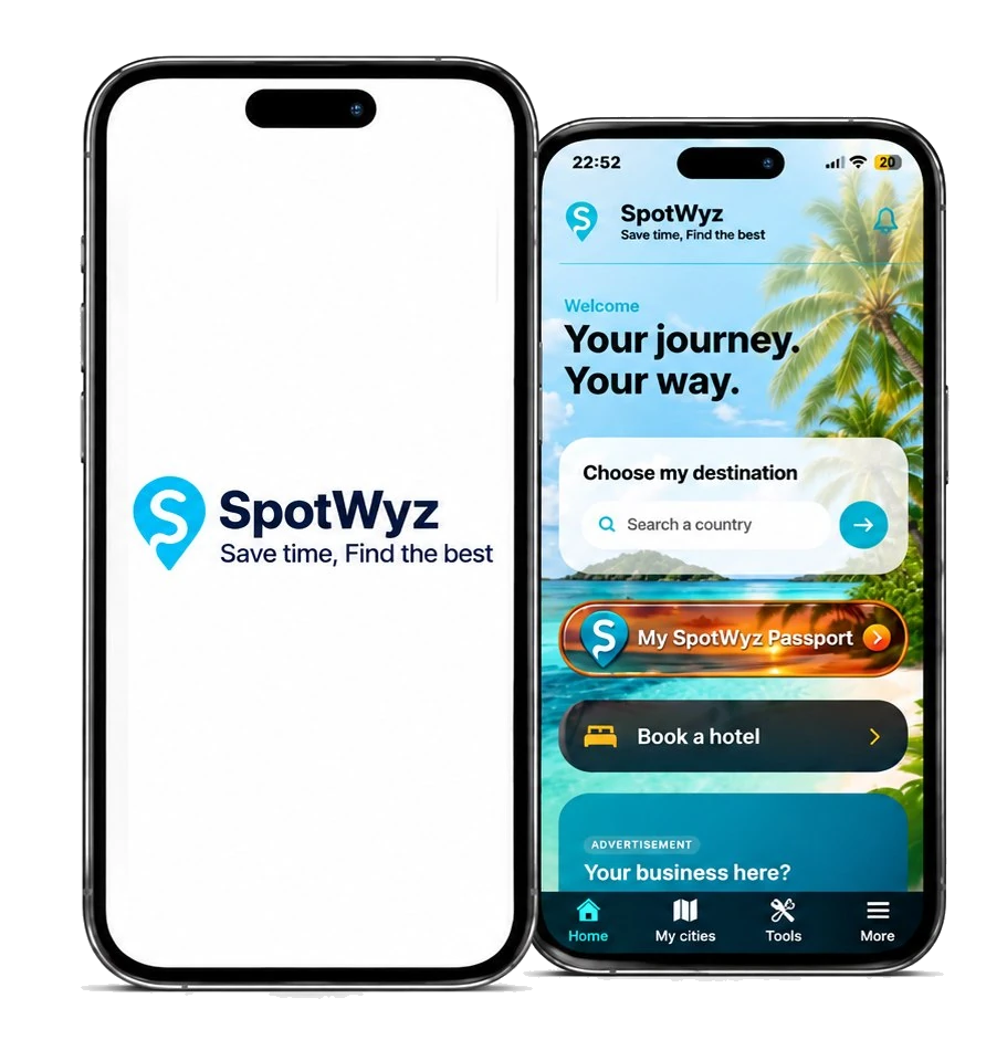 SpotWyz app preview showing the destination search screen